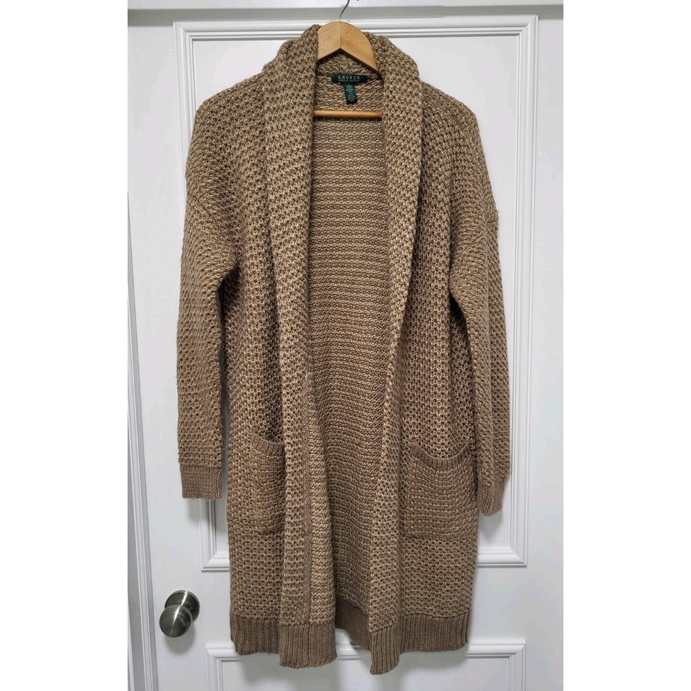 Vtg Lauren Ralph Lauren Tan Chunky Wool Blend Long Cardigan Pockets Sz L